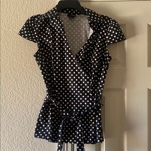 East 5th Black and White Wrap Blouse with Ruffled Sleeves